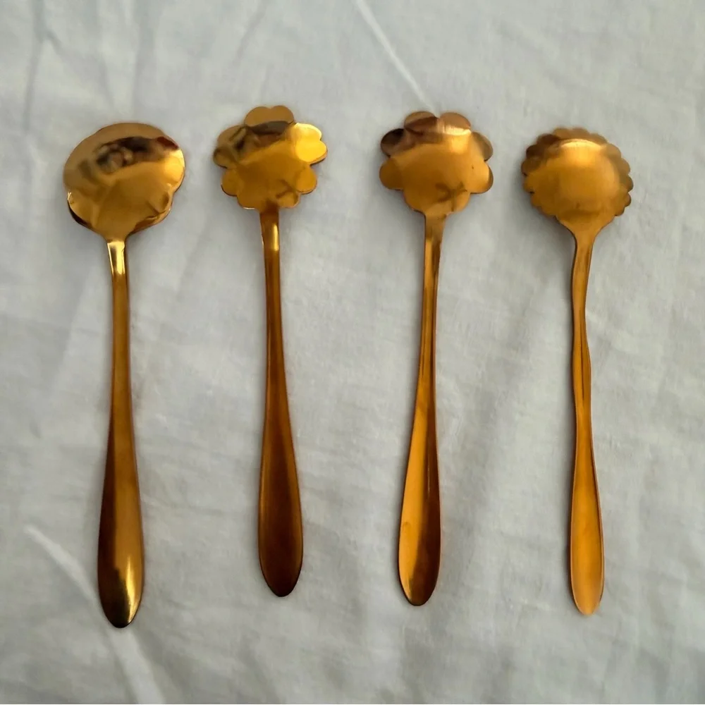 Vintage Gold Tone Floral Spoon Set Brass Flower Spoons 4 Pieces